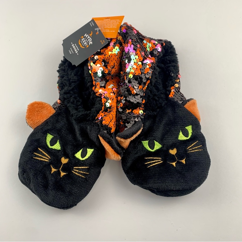 Target Black Cat Flip Sequin Pull-On Halloween Slipper Socks Grippers Hyde & EEK